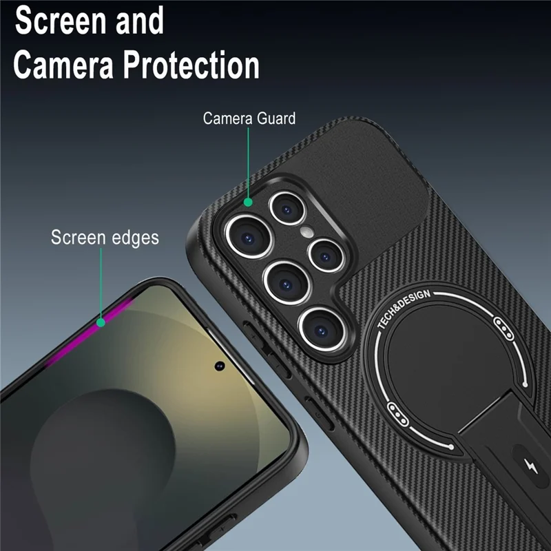 Funda para Samsung Galaxy S25 Ultra con soporte, textura de fibra de carbono PC + TPU, color negro