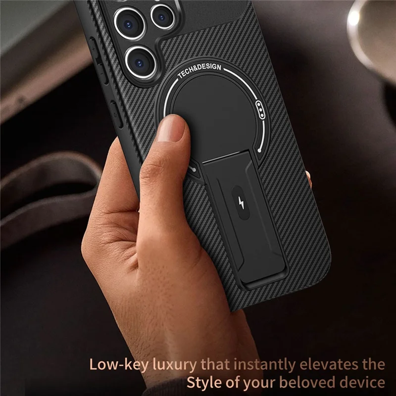 Funda para Samsung Galaxy S25 Ultra con soporte, textura de fibra de carbono PC + TPU, color negro