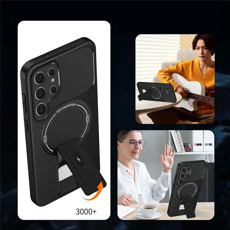 Étui pour Samsung Galaxy S23 Ultra avec Support Béquille Texture Fibre de Carbone PC + TPU Housse de Téléphone - Noir