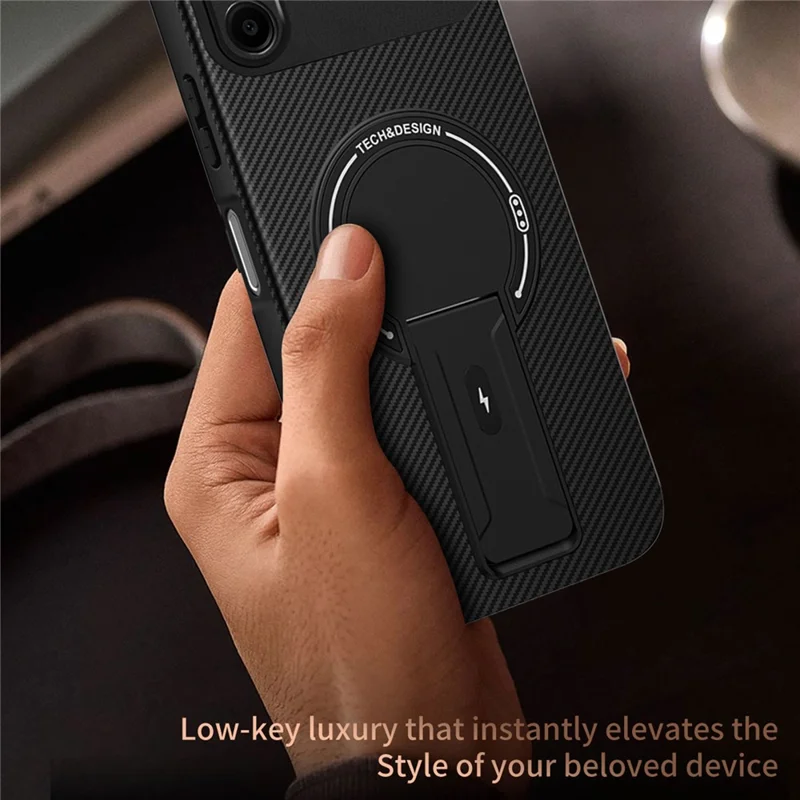 Capa para Samsung Galaxy A06 4G com Suporte e Textura de Fibra de Carbono PC + TPU - Preto