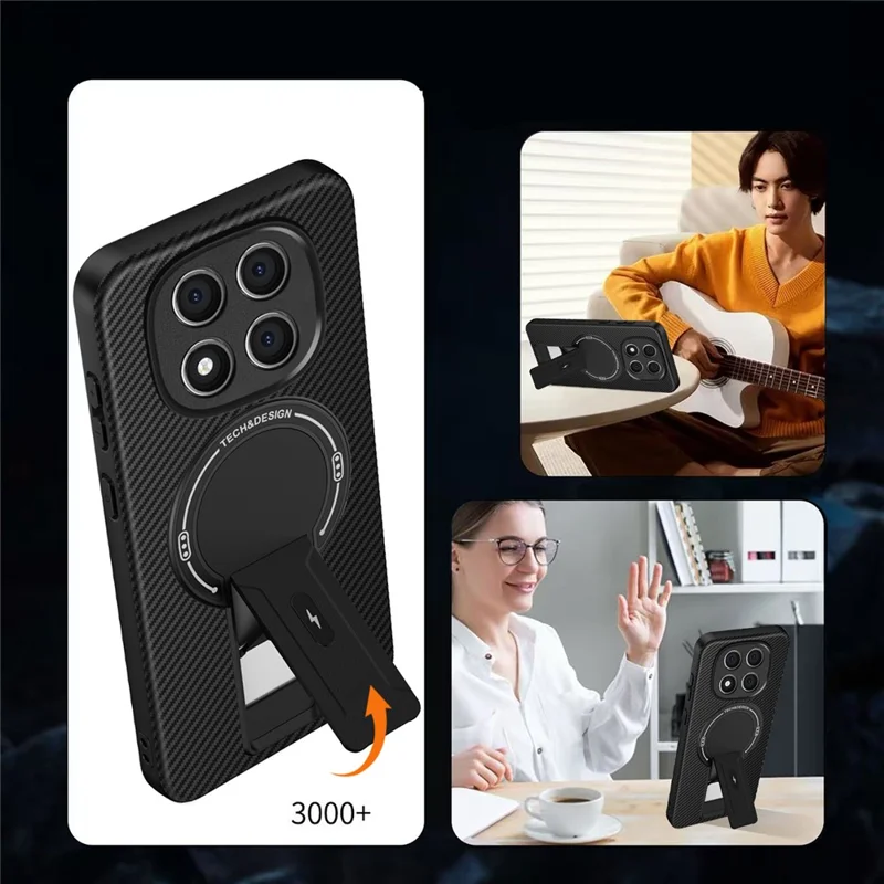 Pour Xiaomi Redmi Note 14 Pro 4G / Note 14 Pro+ 5G Coque avec Support Béquille Texture Fibre de Carbone PC + TPU Housse de Téléphone - Noir