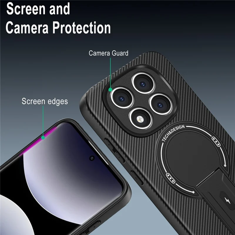Pour Xiaomi Redmi Note 14 Pro 4G / Note 14 Pro+ 5G Coque avec Support Béquille Texture Fibre de Carbone PC + TPU Housse de Téléphone - Noir