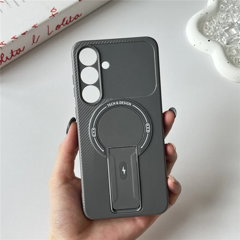 Étui pour Samsung Galaxy S25 FE avec Support Béquille Texture Fibre de Carbone PC + TPU - Gris