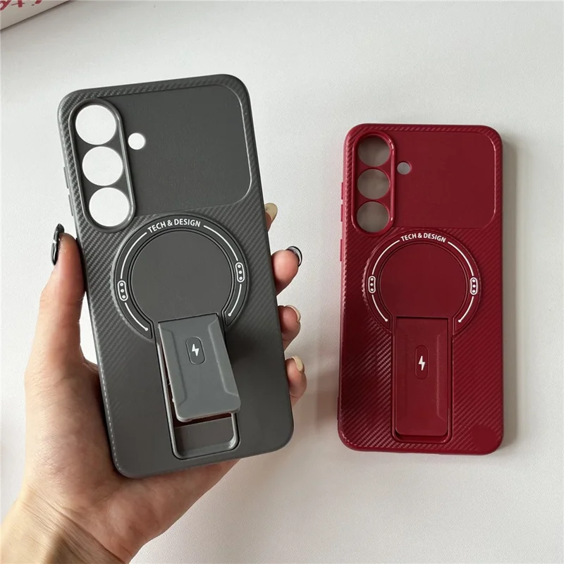 Étui pour Samsung Galaxy S25 FE avec Support Béquille Texture Fibre de Carbone PC + TPU - Gris