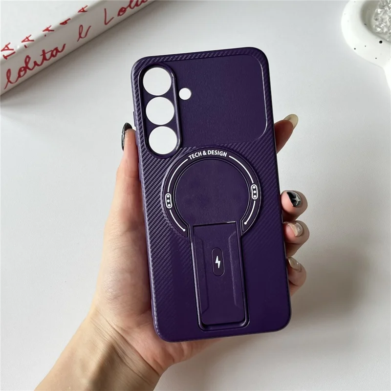 For Samsung Galaxy S25 FE Case with Kickstand Carbon Fiber Texture PC + TPU Phone Cover - Purple