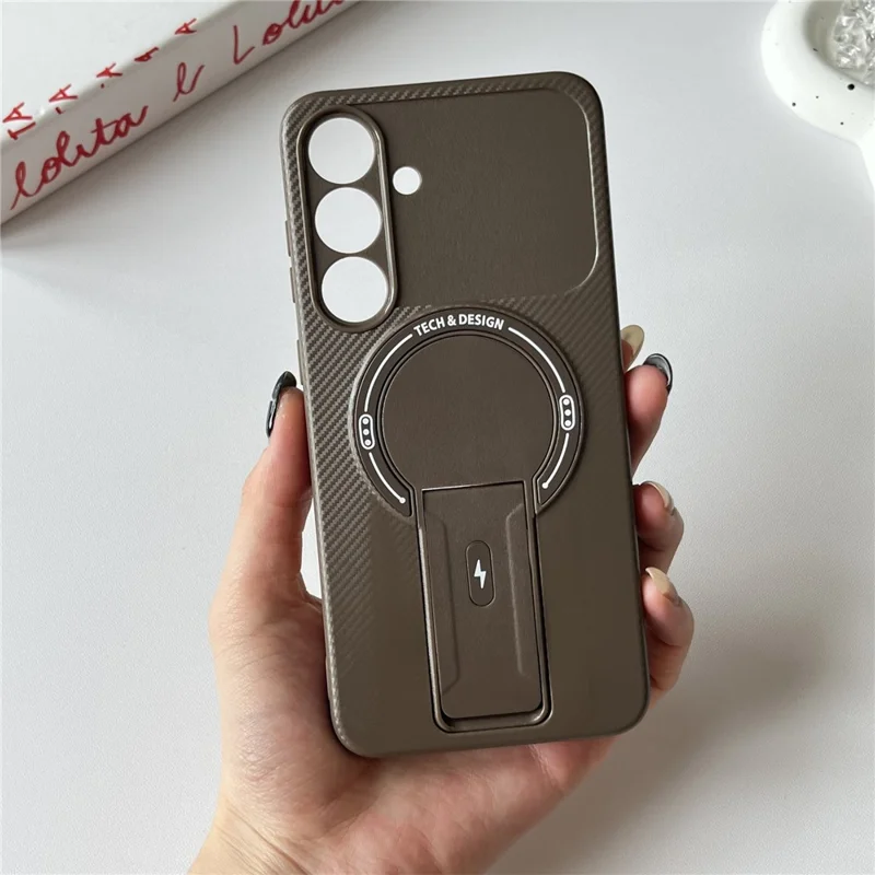 For Samsung Galaxy S25 FE Case with Kickstand Carbon Fiber Texture PC + TPU Phone Cover - Brown