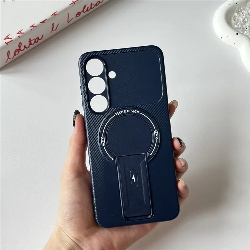 For Samsung Galaxy S25 FE Case with Kickstand Carbon Fiber Texture PC + TPU Phone Cover - Blue