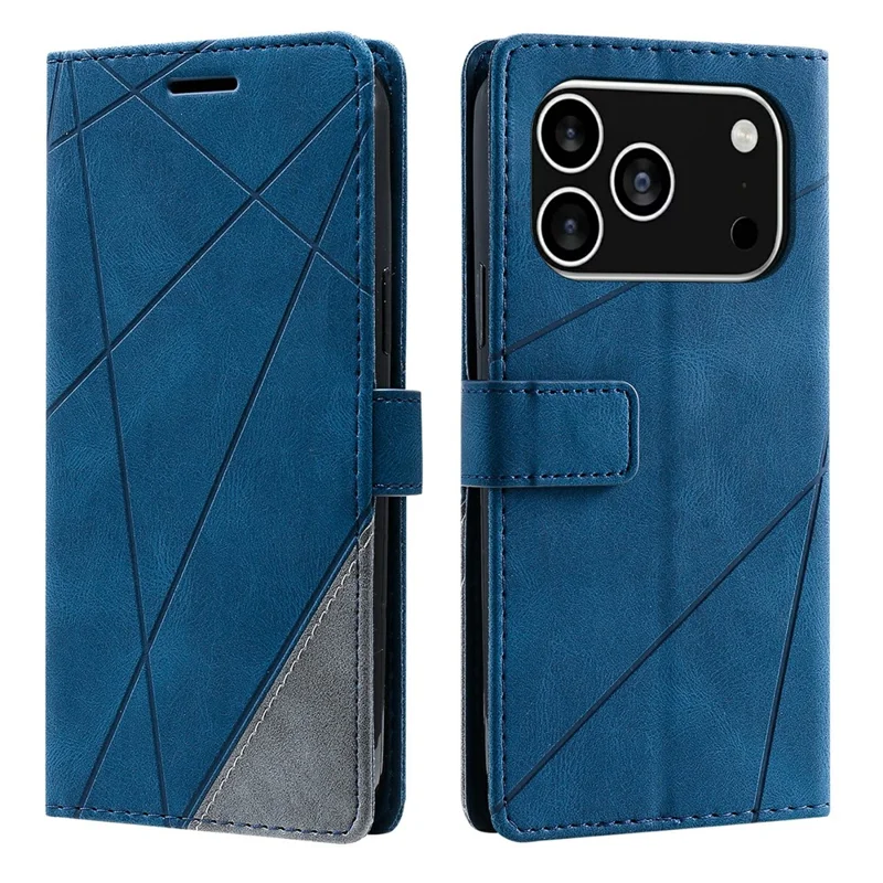 For iPhone 18 Pro / 17 Pro Case Imprinted Lines PU Leather Splicing Wallet Phone Cover - Blue