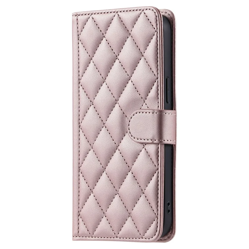 For iPhone 17 Case Wallet Rhombus Grid PU Leather Phone Cover with Shoulder Strap / Wrist Strap - Rose Gold