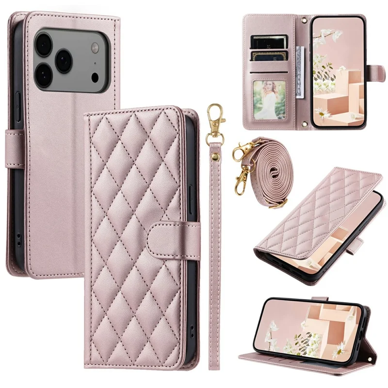 For iPhone 17 Pro Case Wallet Rhombus Grid PU Leather Phone Cover with Shoulder Strap / Wrist Strap - Rose Gold
