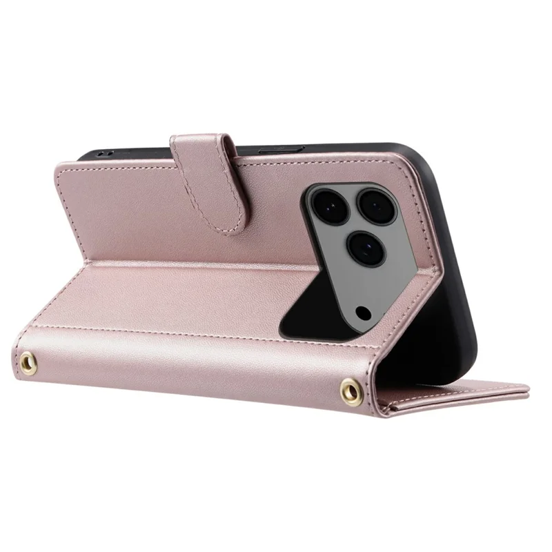 For iPhone 17 Pro Case Wallet Rhombus Grid PU Leather Phone Cover with Shoulder Strap / Wrist Strap - Rose Gold