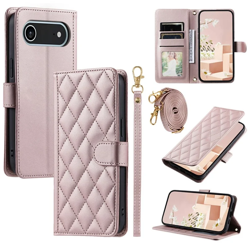 Funda Tipo Cartera para iPhone 17 Air con Diseño de Rejilla de Rombos en Cuero PU - Oro Rosa