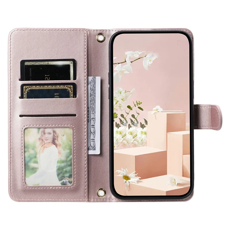 For iPhone 17 Pro Max Case Wallet Rhombus Grid PU Leather Phone Cover with Shoulder Strap / Wrist Strap - Rose Gold