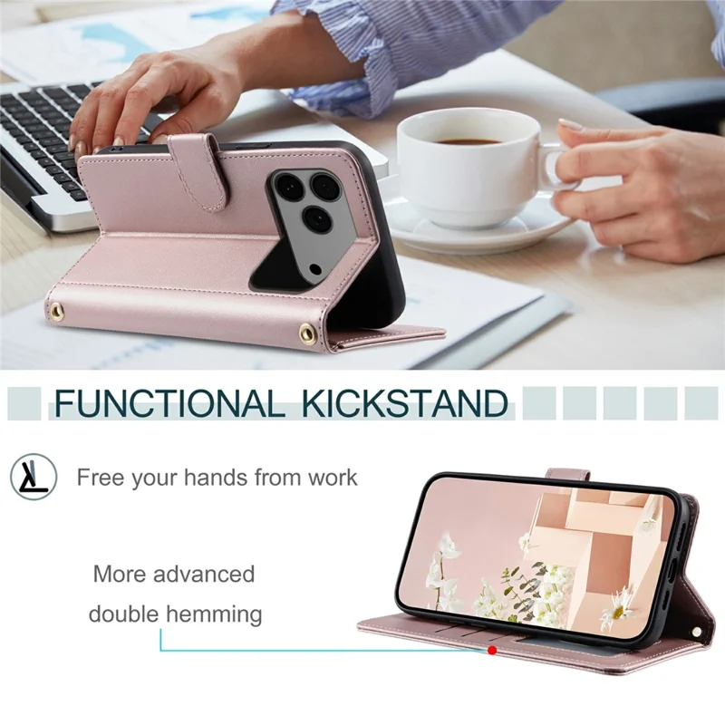 For iPhone 17 Pro Max Case Wallet Rhombus Grid PU Leather Phone Cover with Shoulder Strap / Wrist Strap - Rose Gold