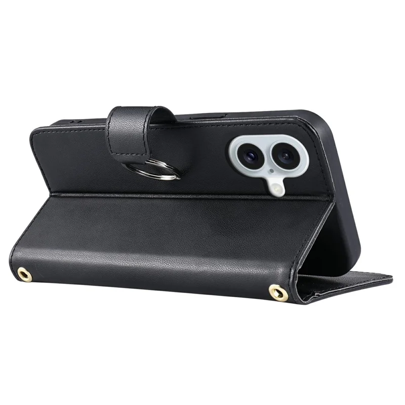 For iPhone 17 Case Ring Buckle Wallet Stand Rhombus Crossbody Leather Mobile Cover - Black