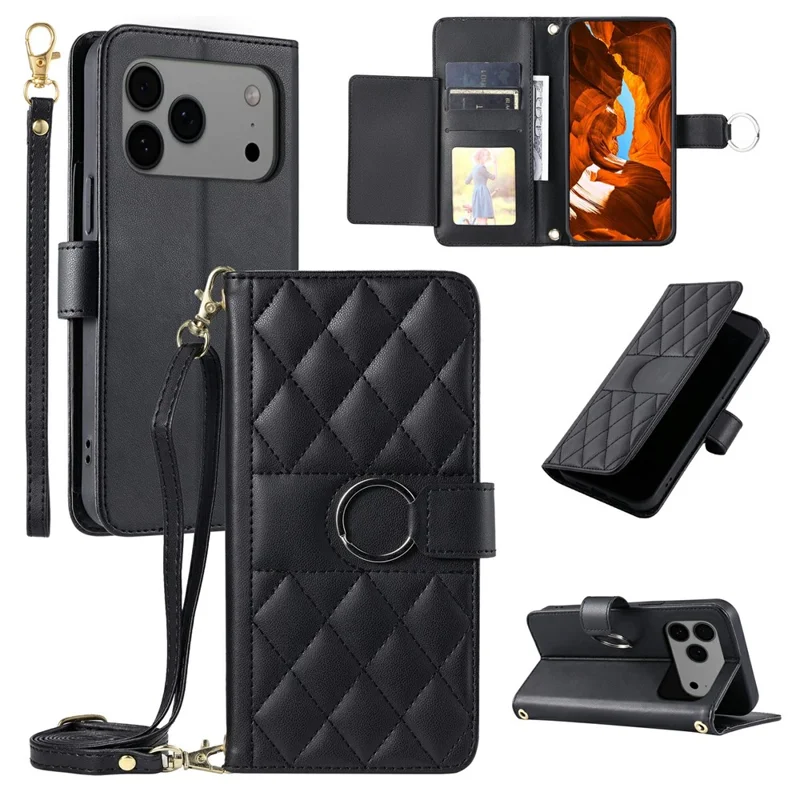 For iPhone 17 Pro Case Ring Buckle Wallet Stand Rhombus Crossbody Leather Mobile Cover - Black