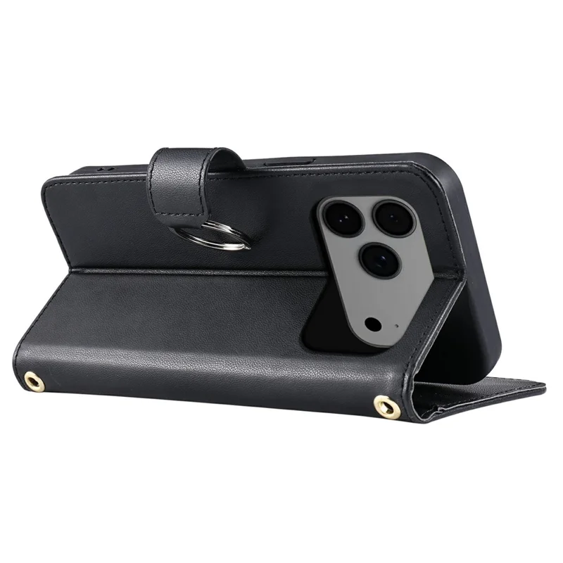 For iPhone 17 Pro Case Ring Buckle Wallet Stand Rhombus Crossbody Leather Mobile Cover - Black