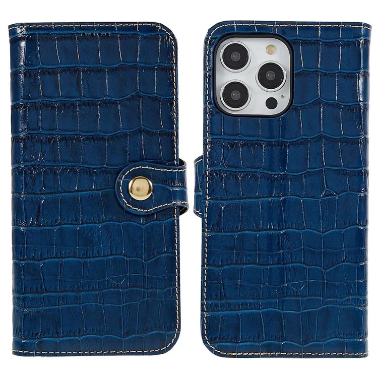 Para iPhone 14 Pro Max Genuine Cowhide Leather Phone Case Crocodile Texture Stand Flip Wallet Cover - Azul