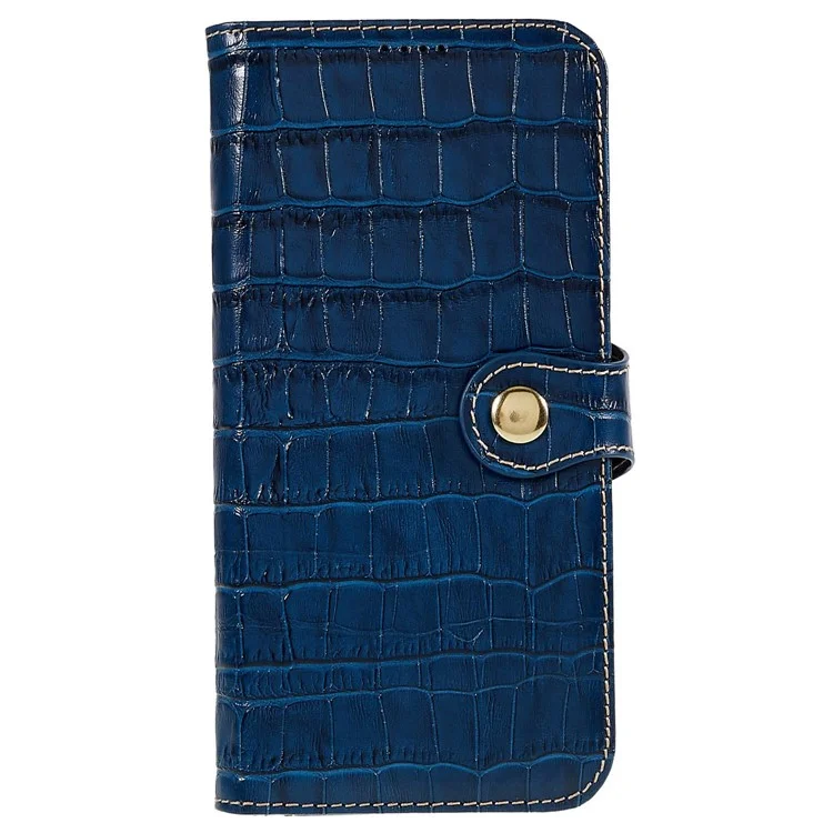 Para iPhone 14 Pro Max Genuine Cowhide Leather Phone Case Crocodile Texture Stand Flip Wallet Cover - Azul