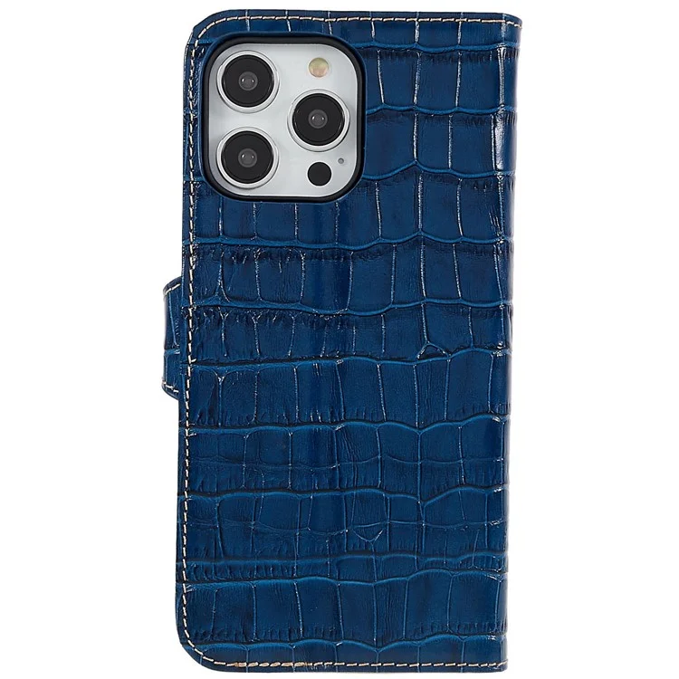 Para iPhone 14 Pro Max Genuine Cowhide Leather Phone Case Crocodile Texture Stand Flip Wallet Cover - Azul