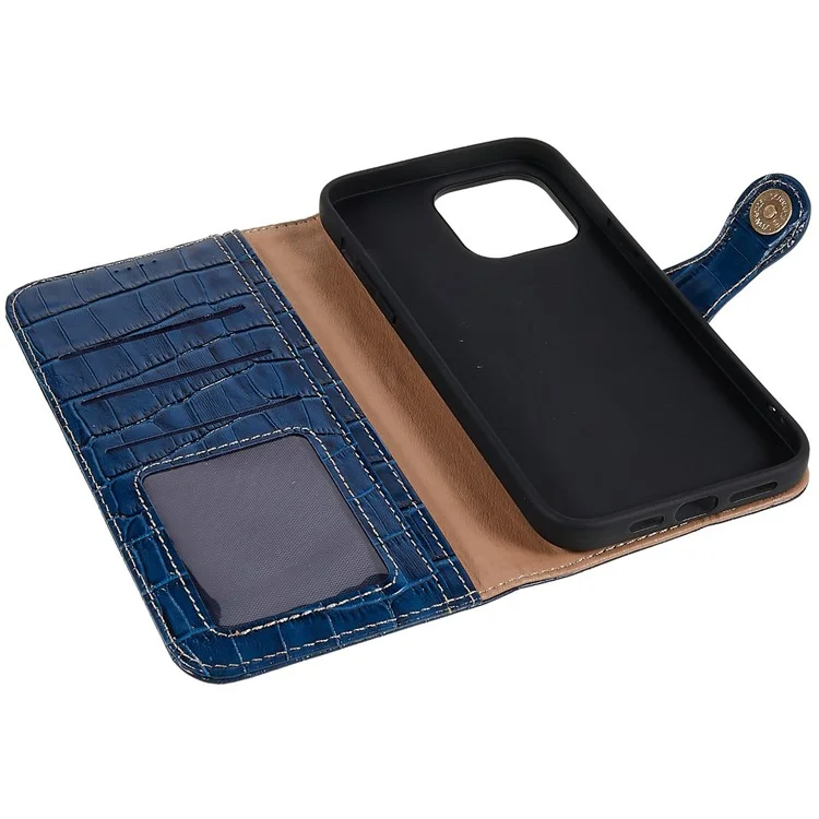 Para iPhone 14 Pro Max Genuine Cowhide Leather Phone Case Crocodile Texture Stand Flip Wallet Cover - Azul