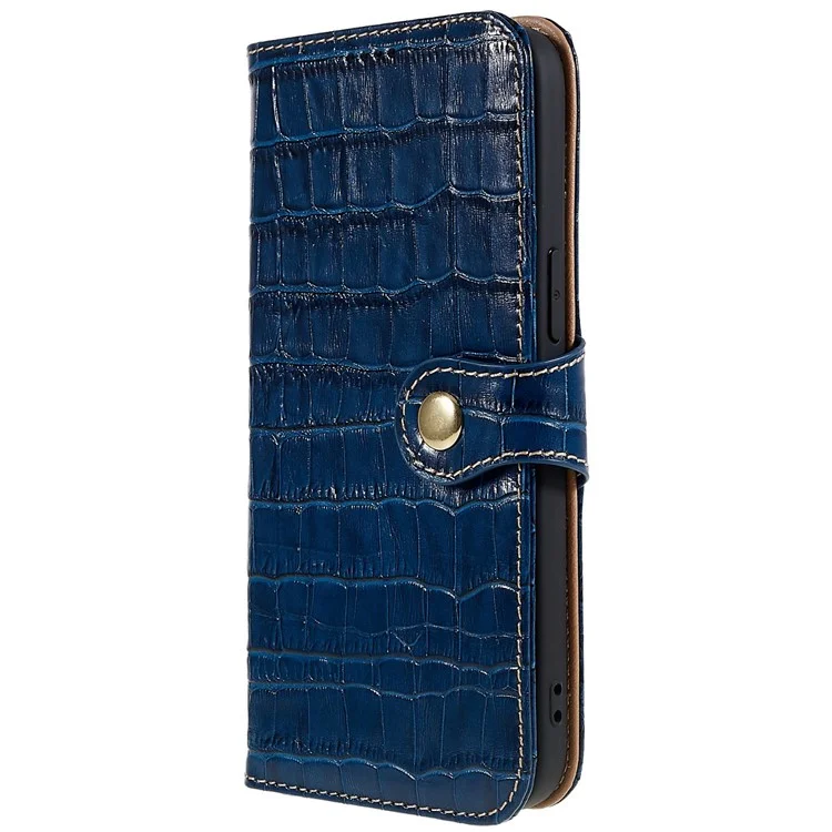 Para iPhone 14 Pro Max Genuine Cowhide Leather Phone Case Crocodile Texture Stand Flip Wallet Cover - Azul