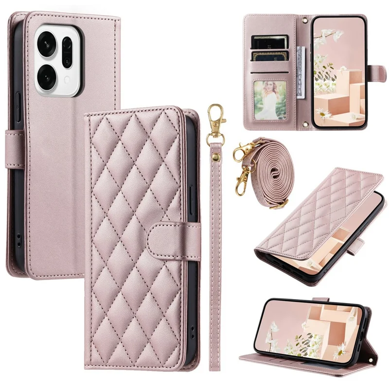 Funda tipo cartera para Oppo Reno14 Pro 5G (Global) con diseño de rombos en cuero PU - Oro Rosa
