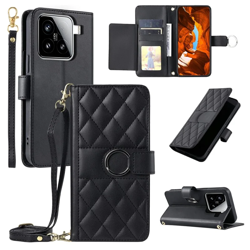 For Xiaomi 15 Case Ring Buckle Wallet Stand Rhombus Crossbody Leather Mobile Cover - Black