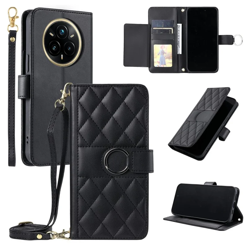 For Realme 14 Pro 5G Case Ring Buckle Wallet Stand Rhombus Crossbody Leather Mobile Cover - Black