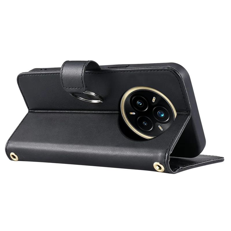 For Realme 14 Pro+ 5G Case Ring Buckle Wallet Stand Rhombus Crossbody Leather Mobile Cover - Black