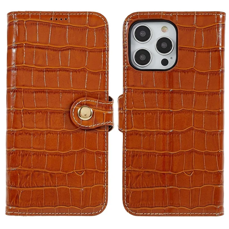 Para Iphone 14 Pro Genuine Cowhide Leather Phone Caset Holder Crocodile Texture Stand Flip Wallet Tampo Protetor - Castanho