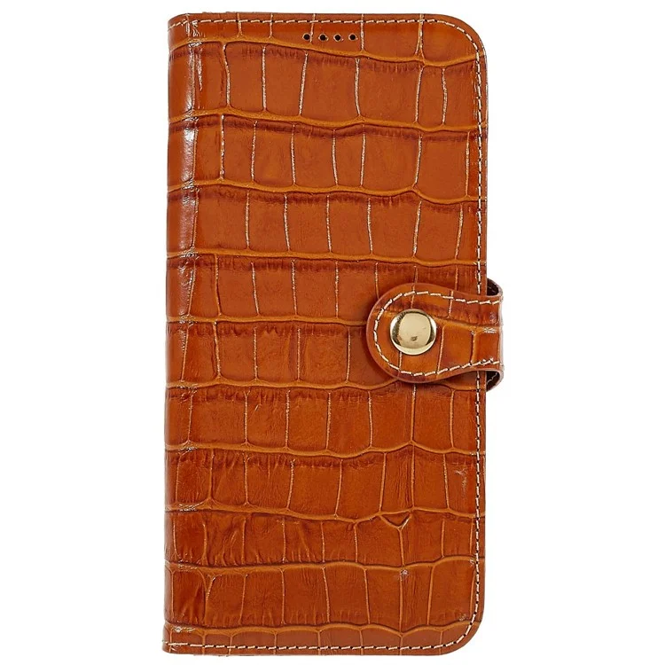 Para Iphone 14 Pro Genuine Cowhide Leather Phone Caset Holder Crocodile Texture Stand Flip Wallet Tampo Protetor - Castanho