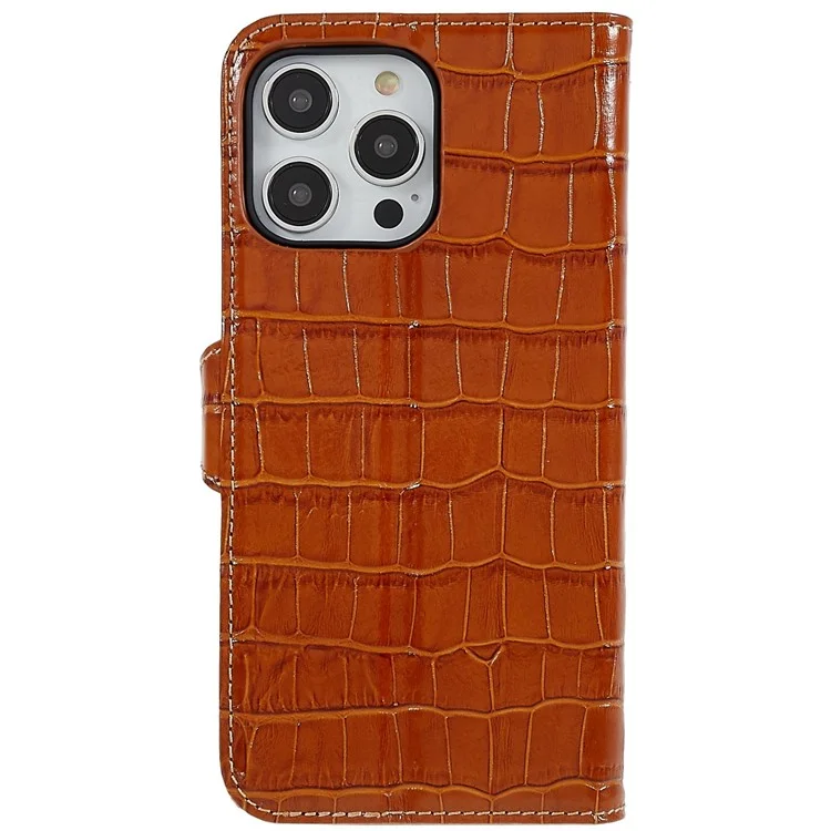Para Iphone 14 Pro Genuine Cowhide Leather Phone Caset Holder Crocodile Texture Stand Flip Wallet Tampo Protetor - Castanho