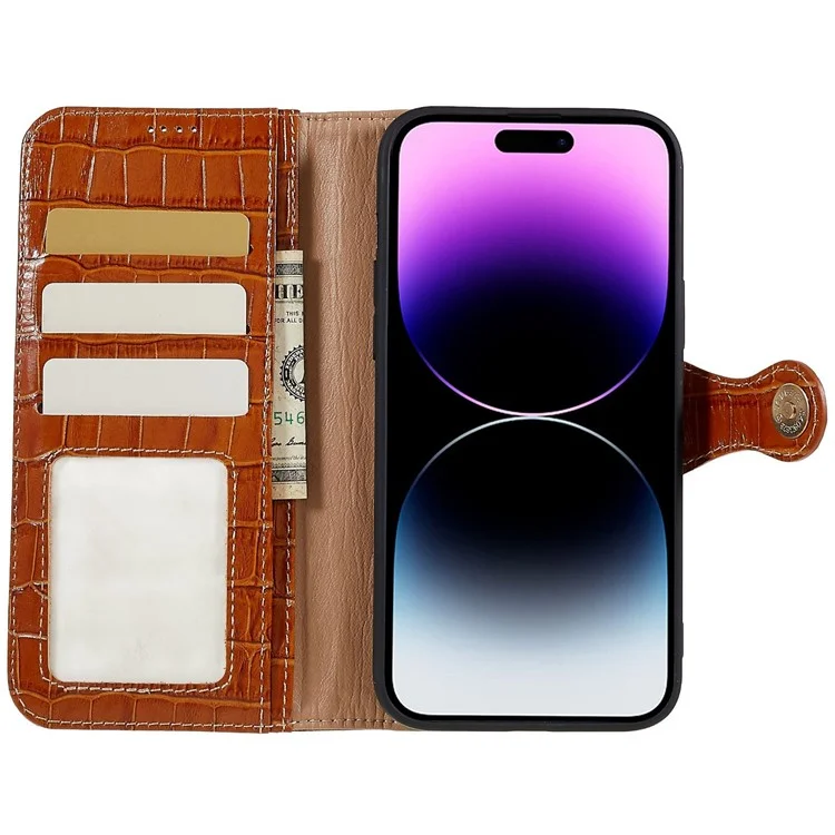 Para Iphone 14 Pro Genuine Cowhide Leather Phone Caset Holder Crocodile Texture Stand Flip Wallet Tampo Protetor - Castanho