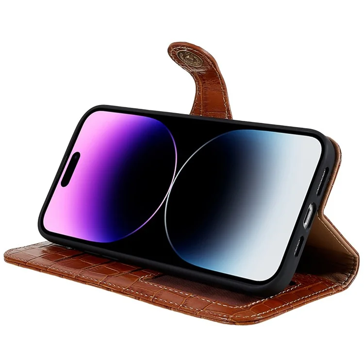 Para Iphone 14 Pro Genuine Cowhide Leather Phone Caset Holder Crocodile Texture Stand Flip Wallet Tampo Protetor - Castanho