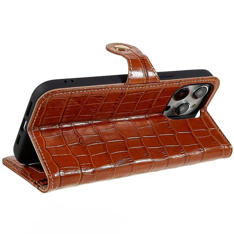 Para Iphone 14 Pro Genuine Cowhide Leather Phone Caset Holder Crocodile Texture Stand Flip Wallet Tampo Protetor - Castanho