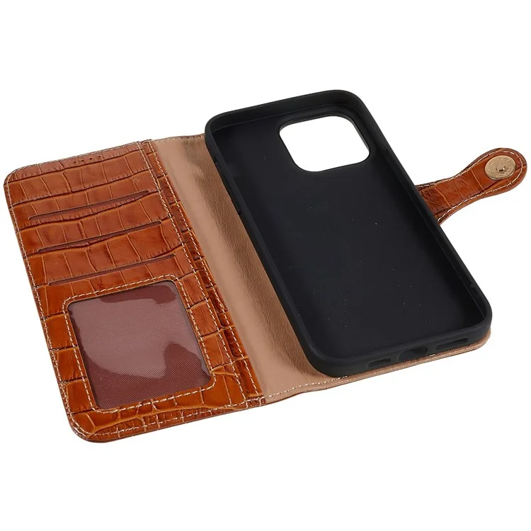 Para Iphone 14 Pro Genuine Cowhide Leather Phone Caset Holder Crocodile Texture Stand Flip Wallet Tampo Protetor - Castanho