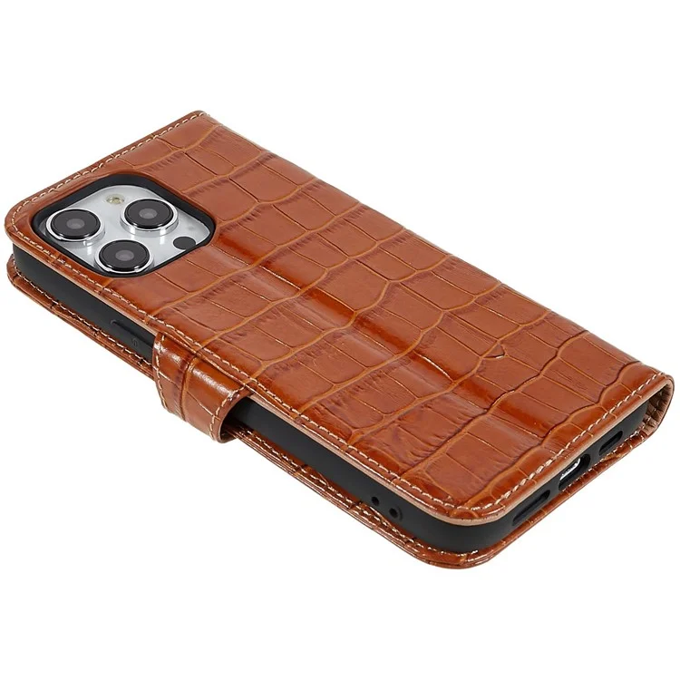 Para Iphone 14 Pro Genuine Cowhide Leather Phone Caset Holder Crocodile Texture Stand Flip Wallet Tampo Protetor - Castanho