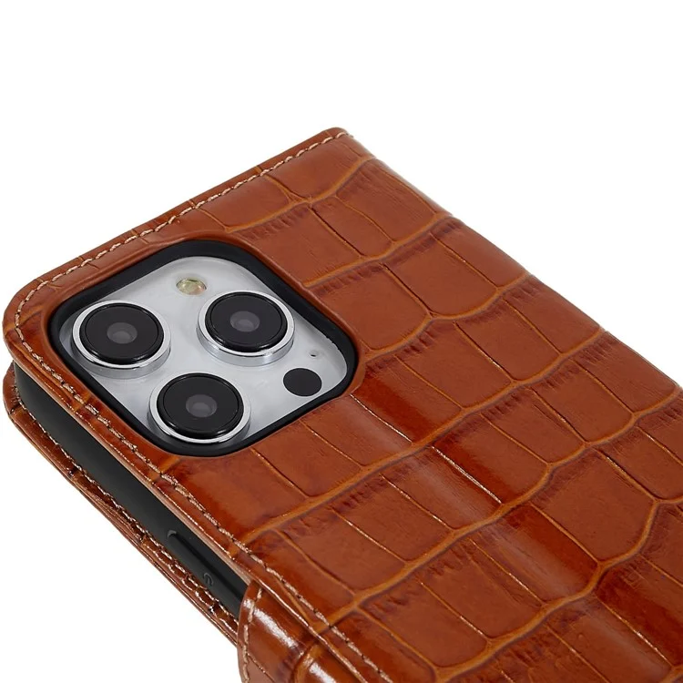 Para Iphone 14 Pro Genuine Cowhide Leather Phone Caset Holder Crocodile Texture Stand Flip Wallet Tampo Protetor - Castanho