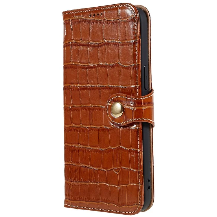 Para Iphone 14 Pro Genuine Cowhide Leather Phone Caset Holder Crocodile Texture Stand Flip Wallet Tampo Protetor - Castanho