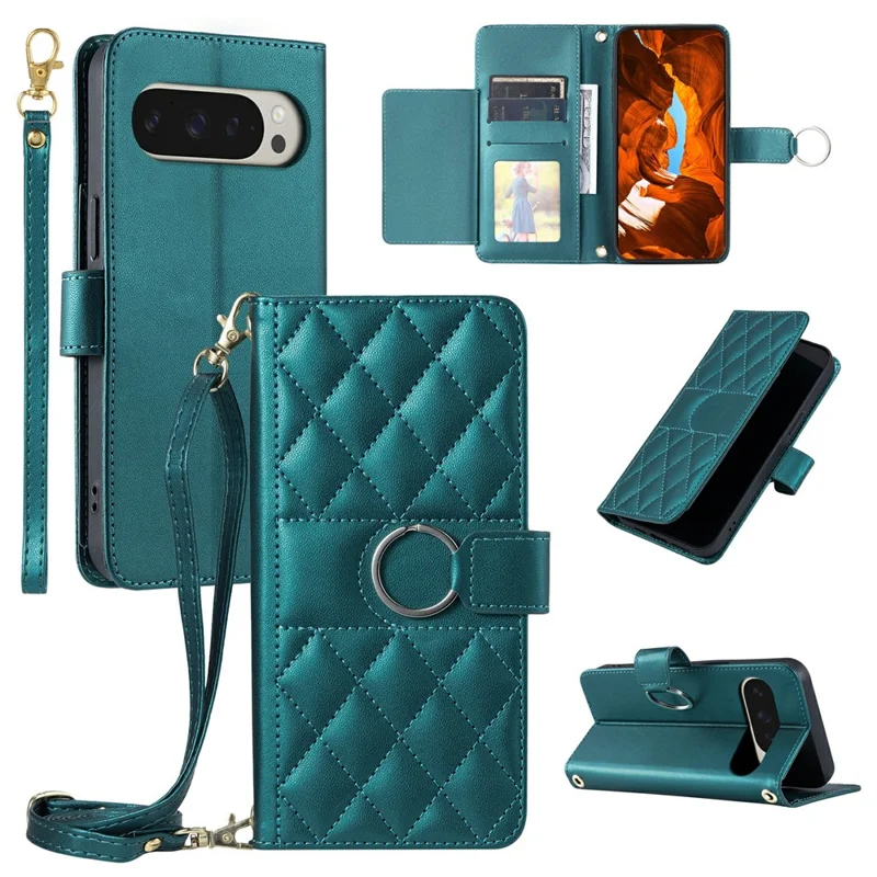 For Google Pixel 10 Pro XL Case Ring Buckle Wallet Stand Rhombus Crossbody Leather Mobile Cover - Green