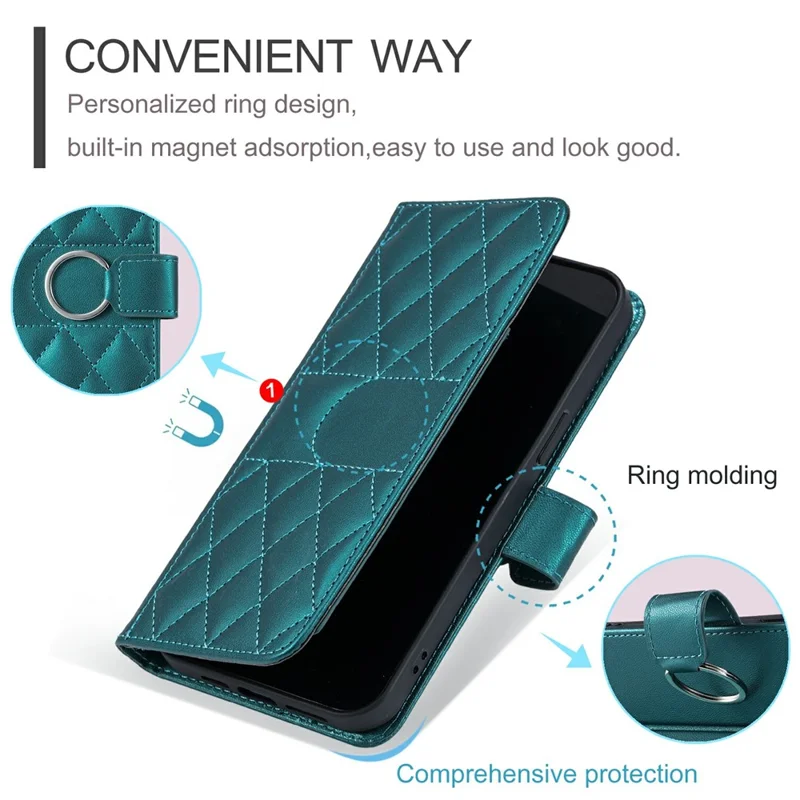 For Google Pixel 10 Pro XL Case Ring Buckle Wallet Stand Rhombus Crossbody Leather Mobile Cover - Green