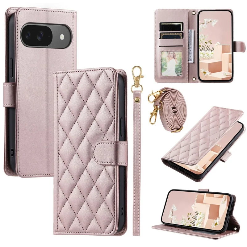Cover a portafoglio per Google Pixel 10 / 10 Pro, in pelle PU a reticolo romboidale - Oro Rosa