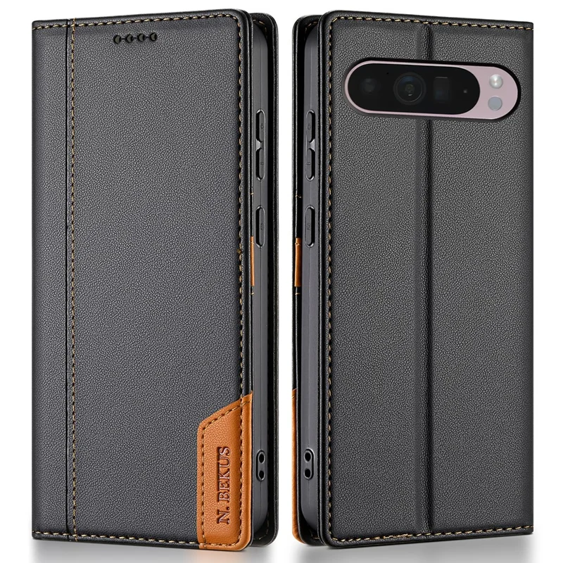 N.BEKUS P3 Handyhülle für Google Pixel 10 Pro / 10 / 9 Pro / 9 mit RFID-Blockierung, Brieftaschenfunktion und Ständer - PU-Leder Flip Cover - Schwarz