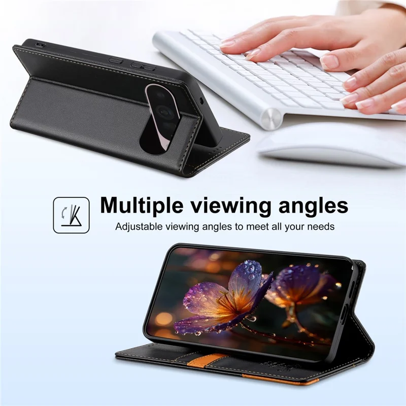 N.BEKUS P3 Handyhülle für Google Pixel 10 Pro / 10 / 9 Pro / 9 mit RFID-Blockierung, Brieftaschenfunktion und Ständer - PU-Leder Flip Cover - Schwarz