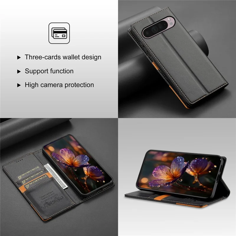 N.BEKUS P3 Handyhülle für Google Pixel 10 Pro / 10 / 9 Pro / 9 mit RFID-Blockierung, Brieftaschenfunktion und Ständer - PU-Leder Flip Cover - Schwarz
