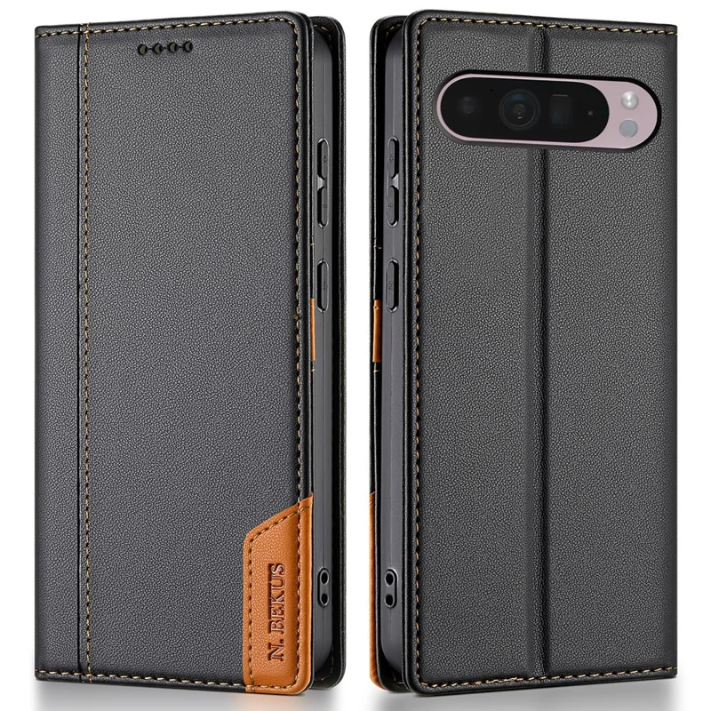 N.BEKUS P3 Handyhülle für Google Pixel 10 Pro XL / 9 Pro XL mit RFID-Schutz, Geldbörsen-Ständer, Kunstleder Flip Handycover - Schwarz