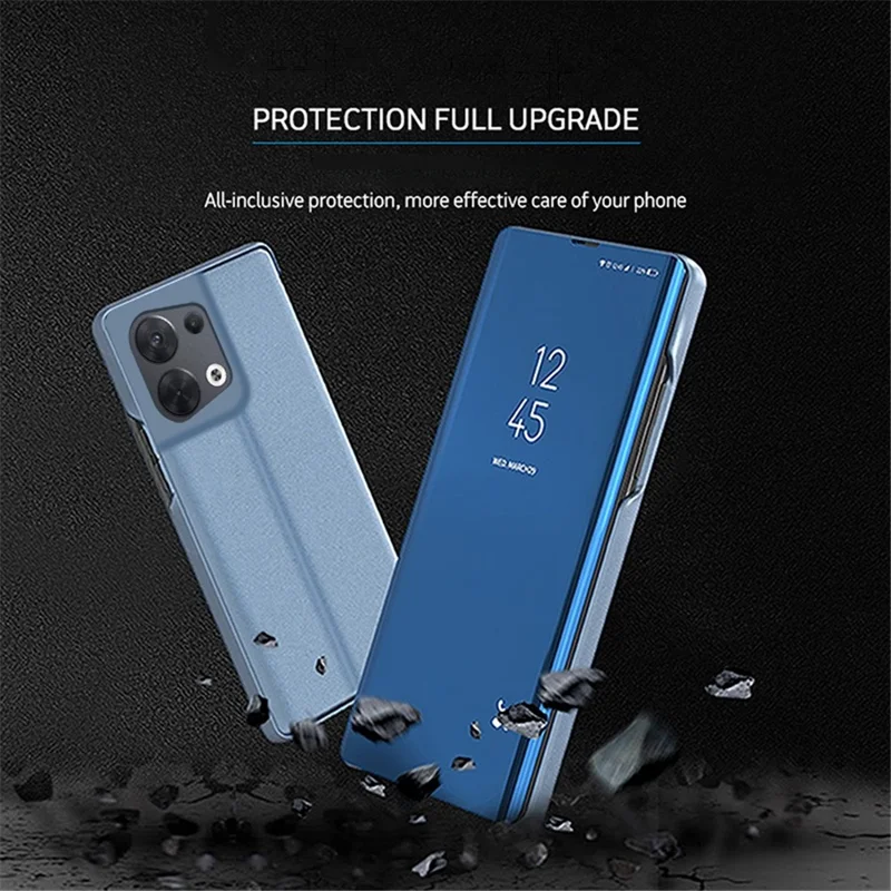 For Oppo Reno8 5G (Global Version) Scratch-proof PU Leather Mirror Flip Electroplating Cover Clear View Window Stand Phone Case - Silver