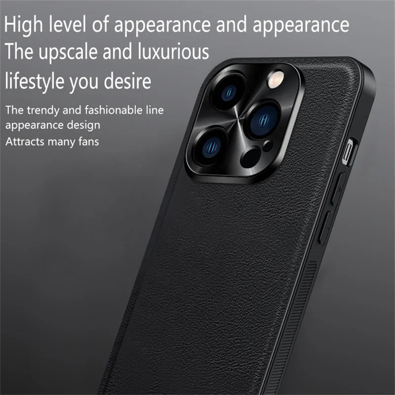 Für iPhone 16 Pro Hülle PU + TPU + PC Handyhülle mit Metalllinsenrahmen - Schwarz
