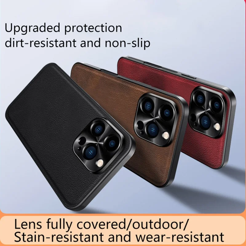 Für iPhone 16 Pro Hülle PU + TPU + PC Handyhülle mit Metalllinsenrahmen - Schwarz